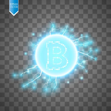 Bitcoin madencilik, kavramsal çizimi... Dijital para. Cryptocurrency konsept tasarımı. Şeffaf arka plan ile üretimi parçacıklar enerji üzerinde işareti bitcoin. Vektör çizim. EPS 10.