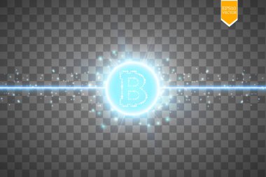 Bitcoin madencilik, kavramsal çizimi... Dijital para. Cryptocurrency konsept tasarımı. Şeffaf arka plan ile üretimi parçacıklar enerji üzerinde işareti bitcoin. Vektör çizim. EPS 10.