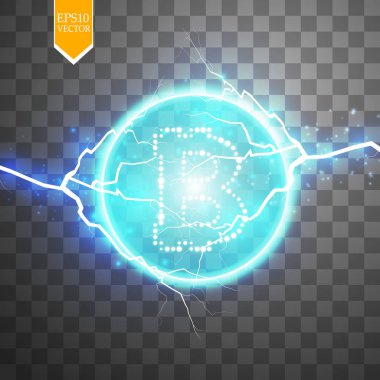 Bitcoin madencilik, kavramsal çizimi... Dijital para. Cryptocurrency konsept tasarımı. Şeffaf arka plan ile üretimi parçacıklar enerji üzerinde işareti bitcoin. Vektör çizim. EPS 10.