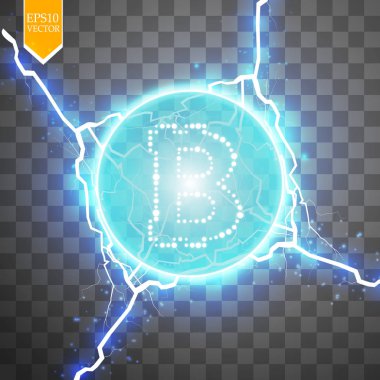 Bitcoin madencilik, kavramsal çizimi... Dijital para. Cryptocurrency konsept tasarımı. Şeffaf arka plan ile üretimi parçacıklar enerji üzerinde işareti bitcoin. Vektör çizim. EPS 10.