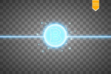 Bitcoin madencilik, kavramsal çizimi... Dijital para. Cryptocurrency konsept tasarımı. Şeffaf arka plan ile üretimi parçacıklar enerji üzerinde işareti bitcoin. Vektör çizim. EPS 10.