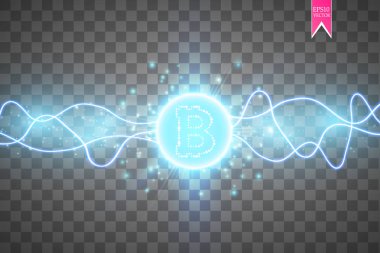 Bitcoin madencilik, kavramsal çizimi... Dijital para. Cryptocurrency konsept tasarımı. Şeffaf arka plan ile üretimi parçacıklar enerji üzerinde işareti bitcoin. Vektör çizim. EPS 10.