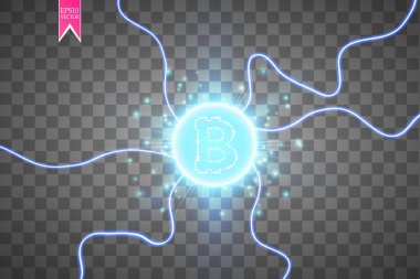Bitcoin madencilik, kavramsal çizimi... Dijital para. Cryptocurrency konsept tasarımı. Şeffaf arka plan ile üretimi parçacıklar enerji üzerinde işareti bitcoin. Vektör çizim. EPS 10.