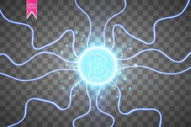 Bitcoin madencilik, kavramsal çizimi... Dijital para. Cryptocurrency konsept tasarımı. Şeffaf arka plan ile üretimi parçacıklar enerji üzerinde işareti bitcoin. Vektör çizim. EPS 10.