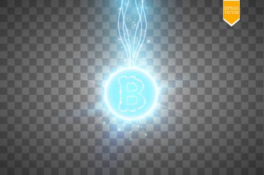 Bitcoin madencilik, kavramsal çizimi... Dijital para. Cryptocurrency konsept tasarımı. Şeffaf arka plan ile üretimi parçacıklar enerji üzerinde işareti bitcoin. Vektör çizim. EPS 10.