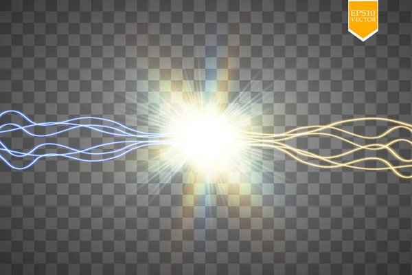 两股力量与黄金和蓝光相撞 矢量插图 热和冷的波光粼粼的力量 电能闪电与放电 — 图库矢量图片