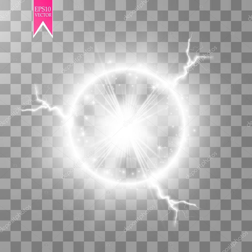 Vector light ring with electric lightning . Round shiny frame with lights dust trail particles isolated on transparent background. Magic concept