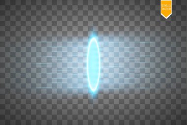 Sihirli fantezi kapısı. Fütürist ışınlanma. Işık etkisi. Şeffaf arkaplanda kıvılcımlar olan bir gece sahnesinin mavi mumları. Kürsünün boş ışık efekti. Disko kulübü dans pisti. Vektör