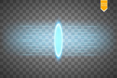 Sihirli fantezi kapısı. Fütürist ışınlanma. Işık etkisi. Şeffaf arkaplanda kıvılcımlar olan bir gece sahnesinin mavi mumları. Kürsünün boş ışık efekti. Disko kulübü dans pisti. Vektör