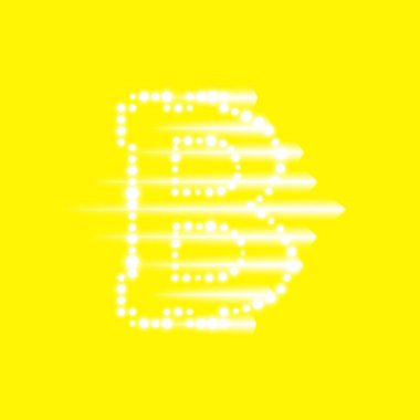 Işık efektli dijital bitcoins sembolü ve sarı arka graund üzerinde ışık çizgileri. Vektör