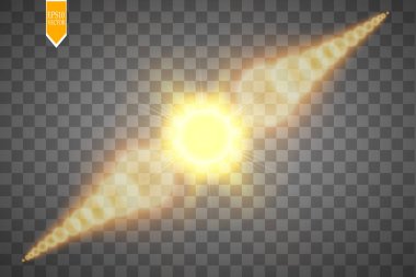 Lens flare etkisi üzerinde şeffaf arka plan izole. Altın kızdırma el feneri illüstrasyon. Vektör ışıklar.
