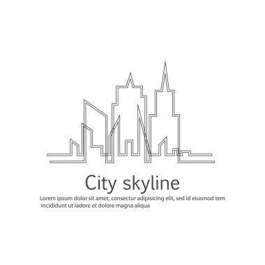 Düz bir stil şehir silüeti. Modern kentsel peyzaj. Vektörel çizimler. Office ufuk bina şehir gökdelenler. Sürekli çizgi çizme.