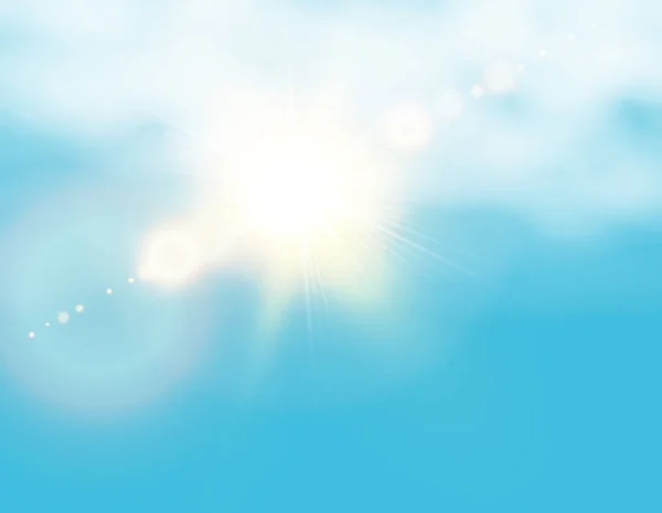 Реалистичное Сияющее Солнце Бликом Объектива Голубое Небо Фоне Облаков Векторная — стоковый вектор