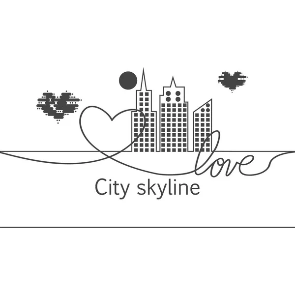 Silueta Ciudad Corazón Amor Sol Nube Líneas Dibujo Continuo Estilo — Vector de stock