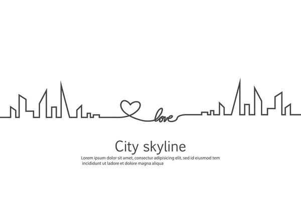 Silueta Ciudad Corazón Amor Líneas Dibujo Continuo Estilo Plano Paisaje — Vector de stock