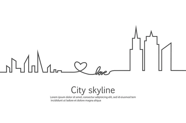 Silhouette Ville Cœur Amour Lignes Dessin Continu Dans Style Plat — Image vectorielle