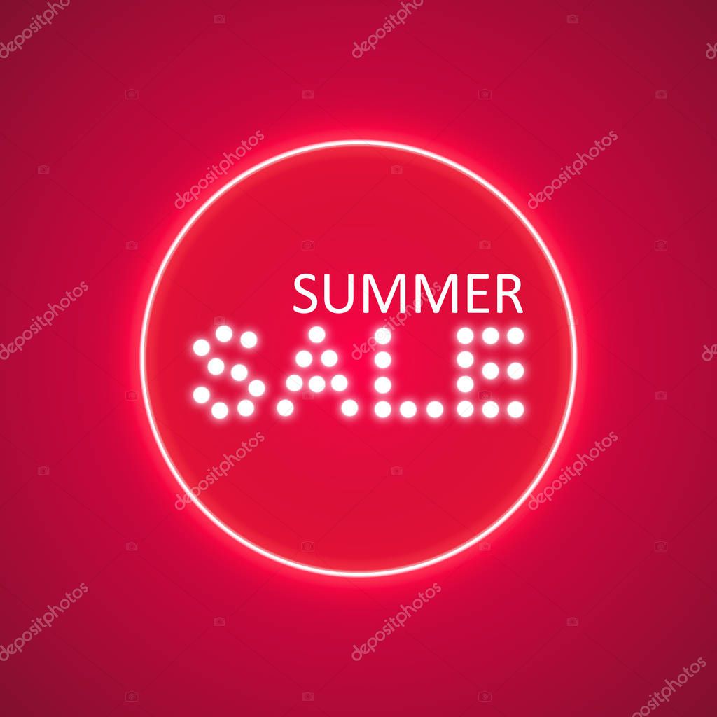 Summer sale glowing neon sign on the pink background. Light vector background for your advertise, discounts and business.