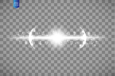 Parçacıklar, kızdırma beyaz lens farklı yönlere uçan patlamanın etkisi. Vektör çizim Star flash. Beyaz ışınları ve karanlık bir şeffaf arka plan üzerinde kıvılcım.