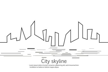 Düz bir stil şehir silüeti. Modern kentsel peyzaj. Vektörel çizimler. Office ufuk bina şehir gökdelenler. Sürekli çizgi çizme.