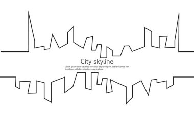 Düz bir stil şehir silüeti. Modern kentsel peyzaj. Vektörel çizimler. Office ufuk bina şehir gökdelenler. Sürekli çizgi çizme.