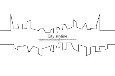 Düz bir stil şehir silüeti. Modern kentsel peyzaj. Vektörel çizimler. Office ufuk bina şehir gökdelenler. Sürekli çizgi çizme. Vektör hat. Geometrik figürler hareket etkisi ile.