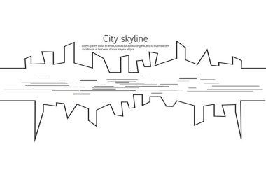 Düz bir stil şehir silüeti. Modern kentsel peyzaj. Vektörel çizimler. Office ufuk bina şehir gökdelenler. Sürekli çizgi çizme. Vektör hat. Geometrik figürler hareket etkisi ile.