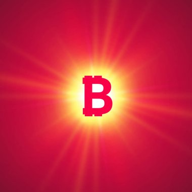 Pembe bir arka plan üzerinde parlak ışınları portakal bitcoin cryptocurrency.