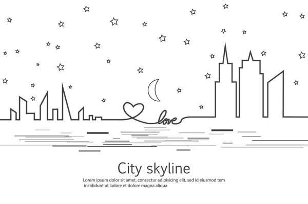 Silhouette Ville Étoile Lune Amour Coeur Dans Style Plat Paysage — Image vectorielle