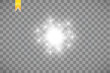 Parlak ışık efekti. Şeffaf arkaplanda parıldayan yıldız patlaması. Vektör çizimi. Güneş
