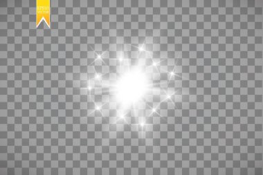 Parlak ışık efekti. Şeffaf arkaplanda parıldayan yıldız patlaması. Vektör çizimi. Güneş