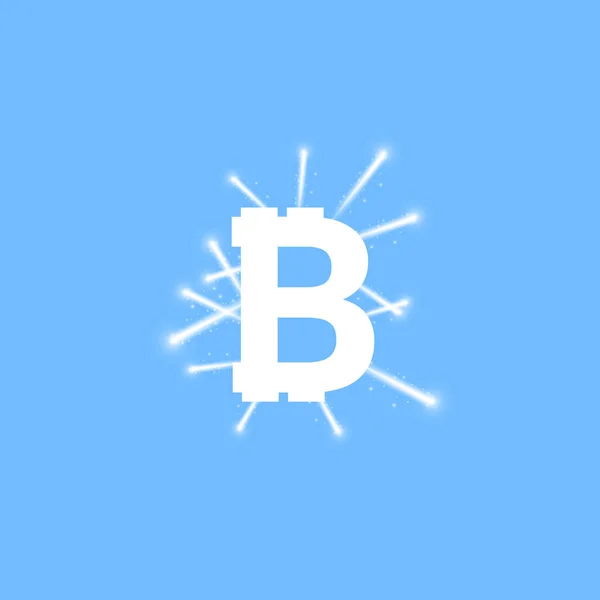 Digitales Bitcoin Symbol Mit Lichteffekt Und Feuerwerk Auf Blauem Hintergrund — Stockvektor