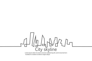 Düz bir stil şehir silüeti. Modern kentsel peyzaj. Vektörel çizimler. Office ufuk bina şehir gökdelenler. Sürekli çizgi çizme