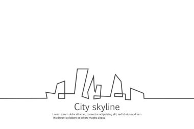 Düz bir stil şehir silüeti. Modern kentsel peyzaj. Vektörel çizimler. Office ufuk bina şehir gökdelenler. Sürekli çizgi çizme