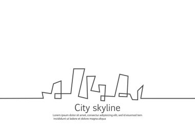 Düz bir stil şehir silüeti. Modern kentsel peyzaj. Vektörel çizimler. Office ufuk bina şehir gökdelenler. Sürekli çizgi çizme