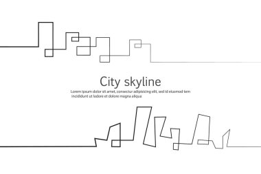 Düz bir stil şehir silüeti. Modern kentsel peyzaj. Vektörel çizimler. Office ufuk bina şehir gökdelenler. Sürekli çizgi çizme