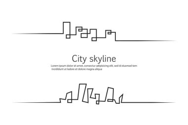 Düz bir stil şehir silüeti. Modern kentsel peyzaj. Vektörel çizimler. Office ufuk bina şehir gökdelenler. Sürekli çizgi çizme
