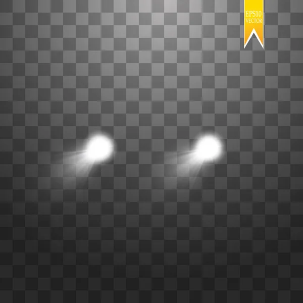 Realistic white glow of round beams of car headlights, isolated against a background of transparent gloom. Vector bright train lights for your design. Easy light flash — Stock Vector