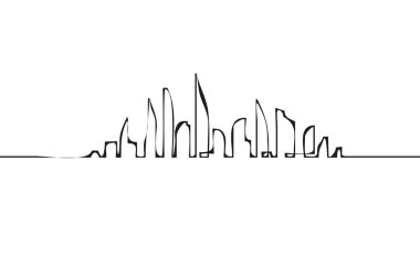 Düz bir stil şehir silüeti. Modern kentsel peyzaj. Vektörel çizimler. Office ufuk bina şehir gökdelenler. Sürekli çizgi çizme