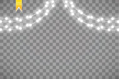 Şeffaf arka planda izole edilmiş Noel ışıkları. Parlayan Xmas çelengi. Vektör illüstrasyonu