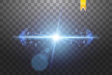 Parçacıkların, farklı yönlere uçan patlamanın etkisi kızdırma mavi lens. Vektör çizim Star flash. Mavi ışınları ve şeffaf bir arka plan üzerinde sparks
