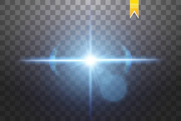 Efecto de la explosión, volando en diferentes direcciones de las partículas, brillo lente azul. Ilustración vectorial Star flash. Rayos azules y chispas sobre un fondo transparente — Archivo Imágenes Vectoriales