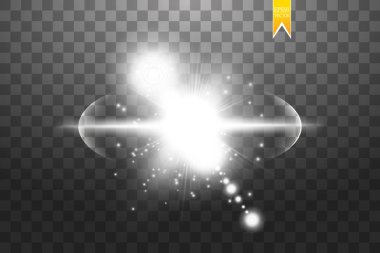 Parçacıklar, kızdırma beyaz lens farklı yönlere uçan patlamanın etkisi. Vektör çizim Star flash. Beyaz ışınları ve şeffaf bir arka plan üzerinde kıvılcım