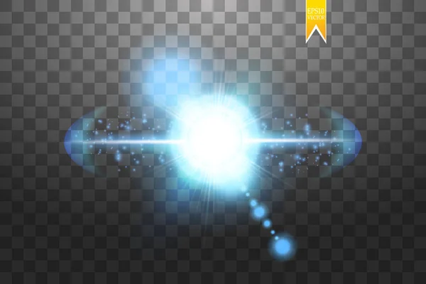 Effect of the explosion, flying in different directions of the particles, glow blue lens. Vector illustration Star flash. Blue rays and sparks on a transparent background — Stock Vector