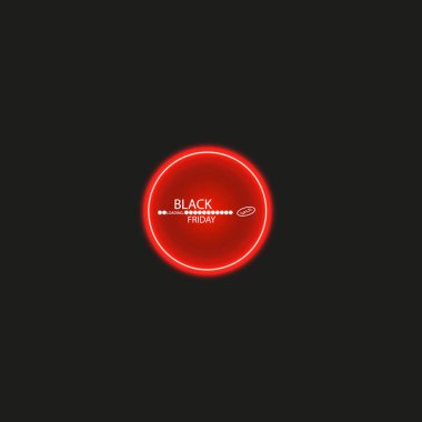 Kara Cuma posteri ya da afişi. Siyah soyut arkaplan üzerinde kırmızı ışık etkisi olan parlak renkli bir daire. Alışveriş için tasarım şablonu