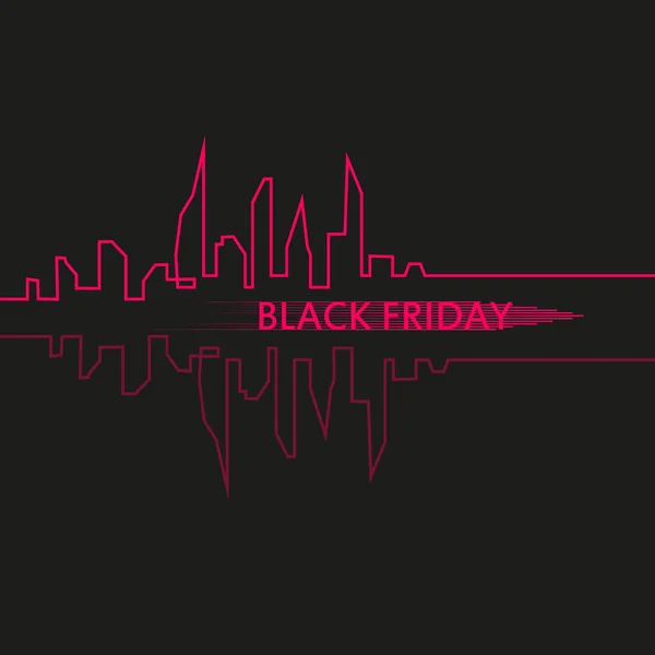 Black Friday in the City the Perfect Sale. White Ribbon Banner in Flat Style on a Black Background with an Abstract City Skyline. Vector Illustration — Stock Vector