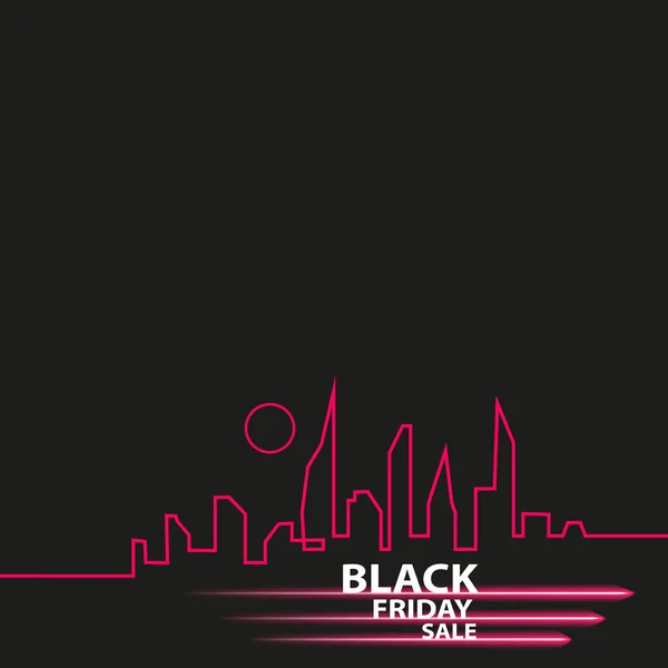 Viernes Negro en la Ciudad la Venta Perfecta. Banner de cinta blanca de estilo plano sobre un fondo negro con un horizonte abstracto de la ciudad. Ilustración vectorial — Vector de stock