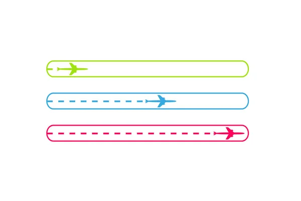 Indikátor průběhu načítání se letadlo je v tečkovanou čárou. Létání je černý. Trasový bod je pro turistickou cestu. Sledovat na bílém pozadí. Vektorové ilustrace. Cestovní ruch. Cestování. — Stockový vektor