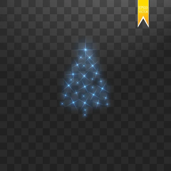 Árvore de Natal feita. Luzes bokeh brilho azul e brilhos. Estrela brilhante, partículas de sol e faíscas com efeito de chama da lente no fundo transparente — Vetor de Stock
