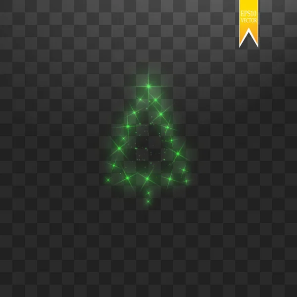 Karácsonyfa készült. Zöld csillogó bokeh fények és ragyog. Ragyogó csillag, nap részecskék és szikrák objektív flare átlátszó háttér hatása — Stock Vector