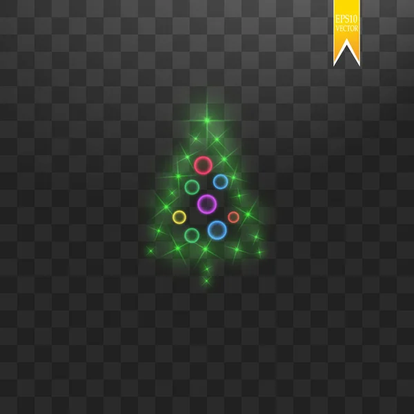 作ったクリスマス ツリー。緑のきらめきボケ味と輝き。輝く星と太陽粒子とレンズで火花フレア透明な背景に及ぼす影響 — ストックベクタ